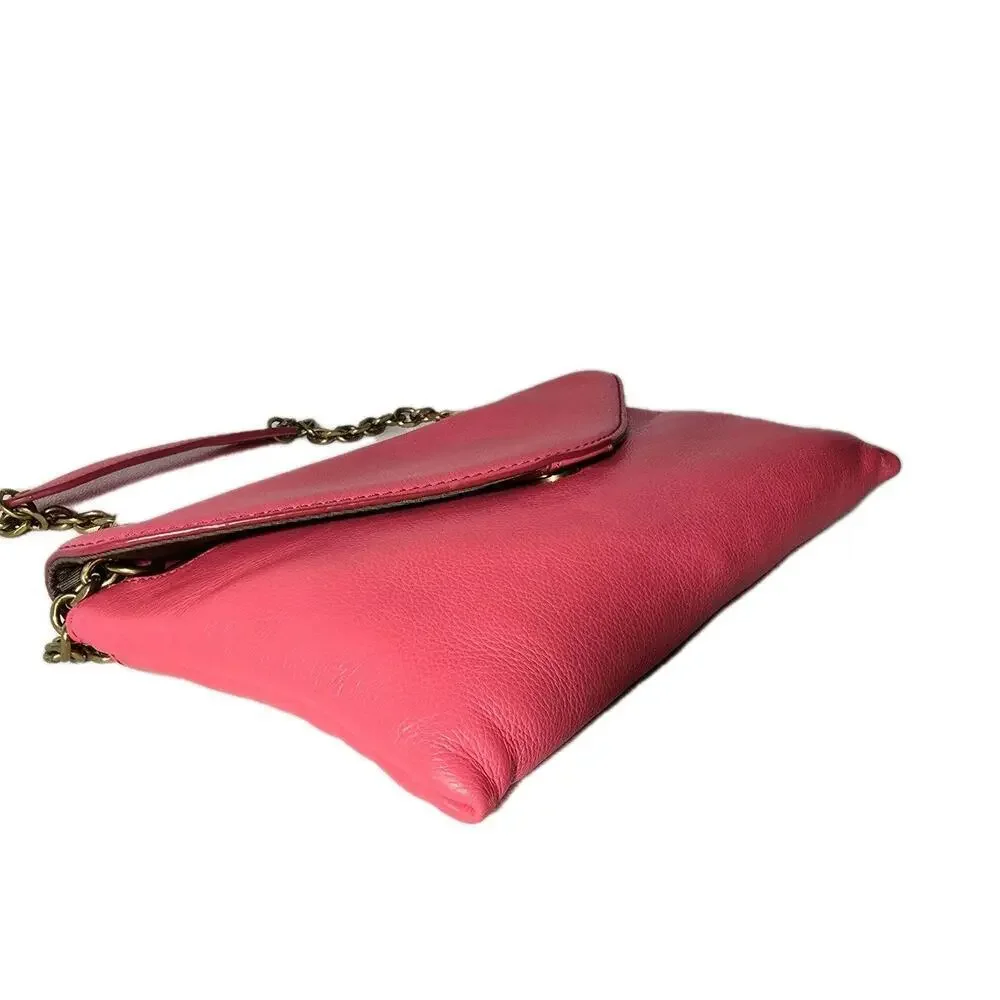 J. Crew Hot Pink Leather Invitation Bag Clutch Envelope Shoulder Purse w/Chain